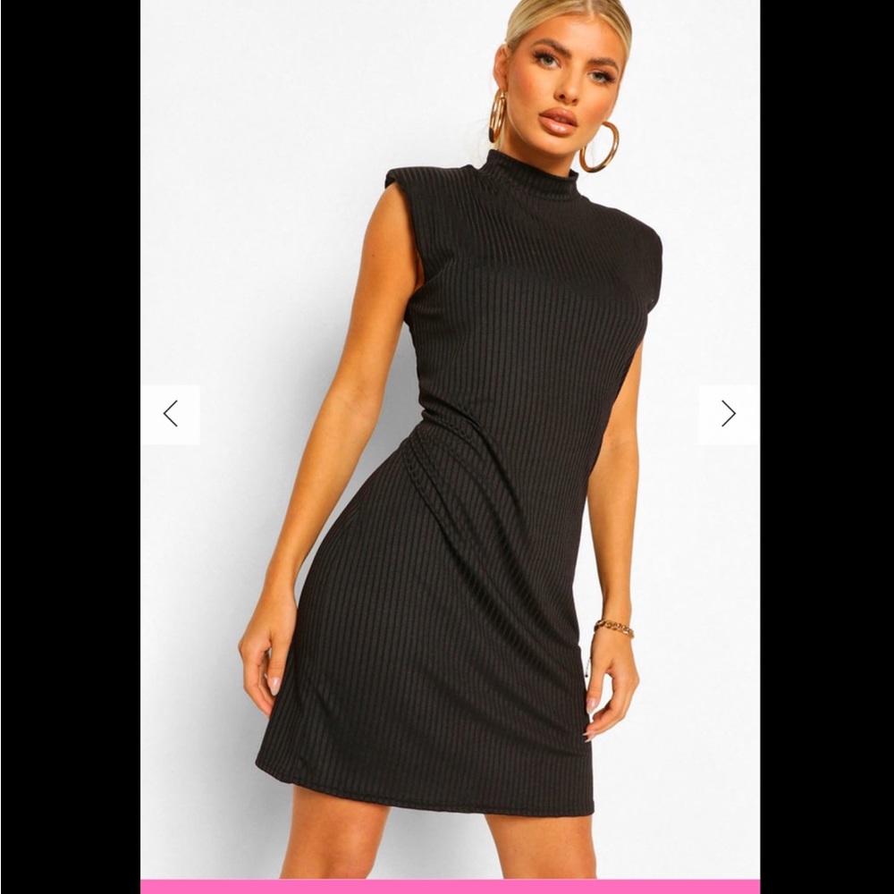 Boohoo Rib shoulder pads high neck shift dress